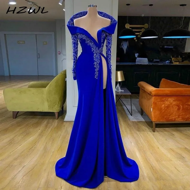 Женское вечернее платье русалка синее с открытыми плечами и Боковым Разрезом
