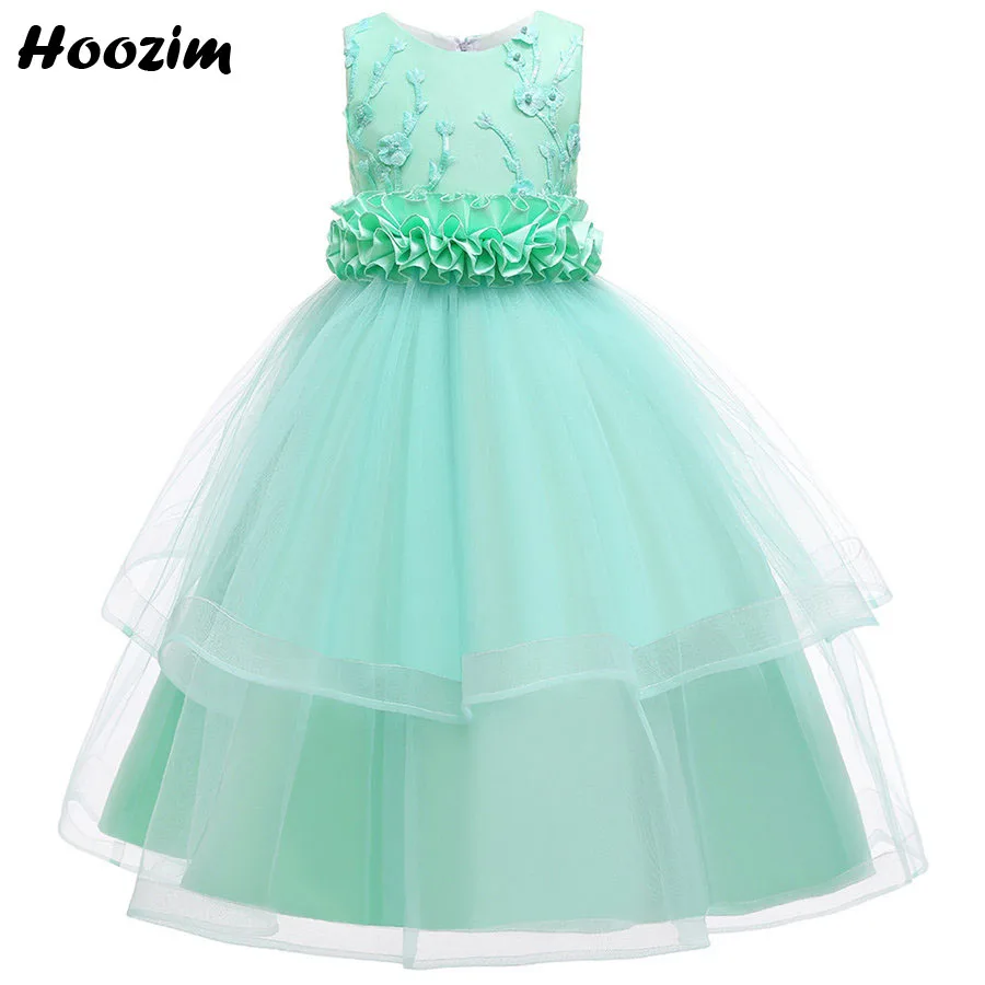 

Luxury Embroidery Flower Evening And Wedding Dresses Girls 6-15 Years Modern Mint Green Weave Puffy Long Prom Party Dresses Teen