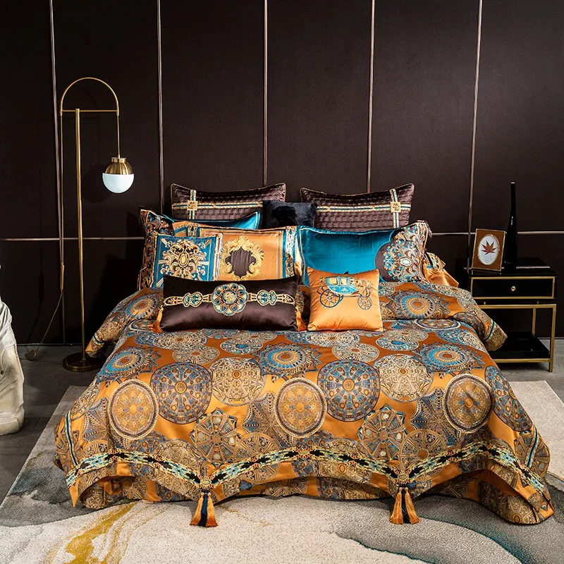 

Luxury palace Bedding Set 4/6/12pcs Golden Duvet Cover Set Flat Sheet Pillowcase Embroidery Bed Set For Adult