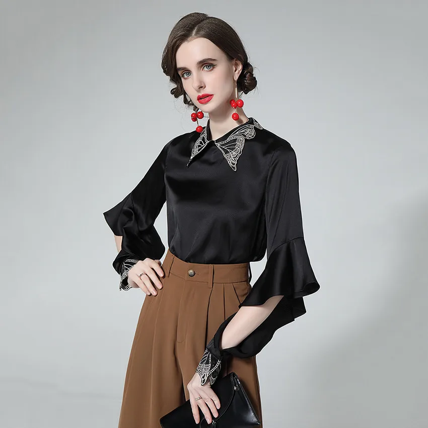 

Autumn Long Sleeve Shirt Designer Tops Women High Quality Fashion Embroidery Runway Black Blouse Ladies Elegant Office Shirts
