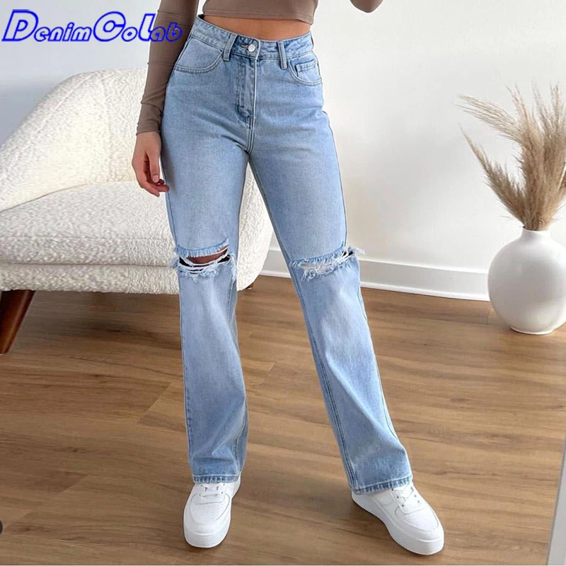 

Denimcolab 2021 Micro Flared Pant Women's Jeans High Waist Fashion Hole Washed Denim Pants Ladies Loose Casual Jeans Trousers