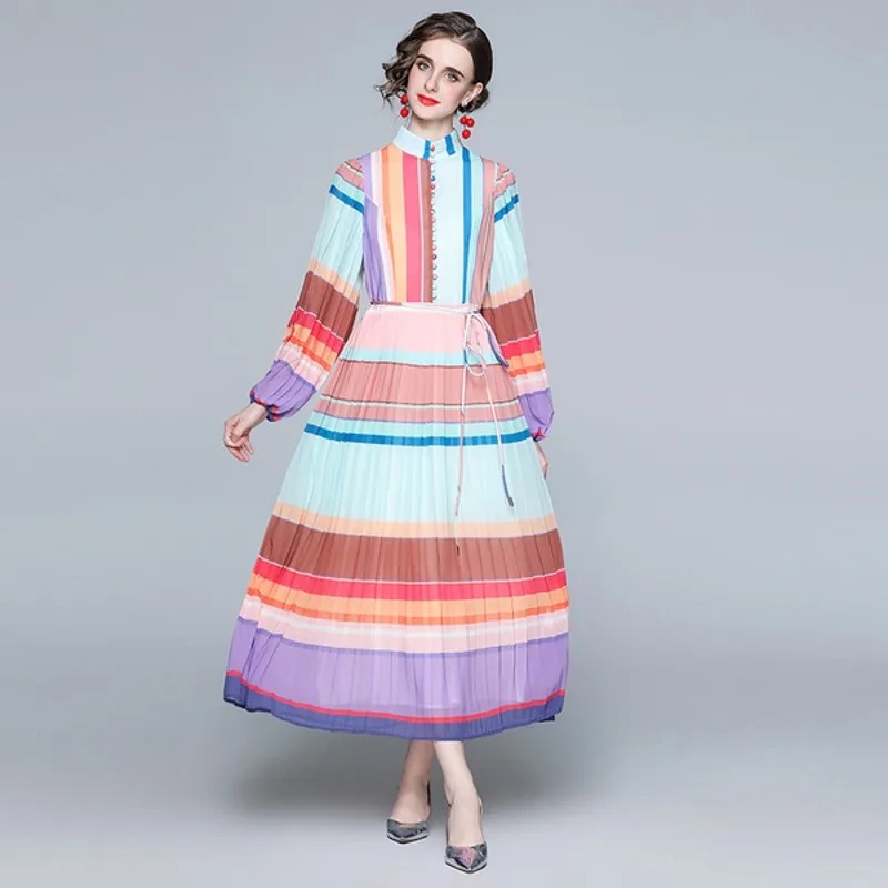 

2021 autumn fashion Elegant Vintage Women stand collar long Sleeve stripe print casual Midi Dresses with belt
