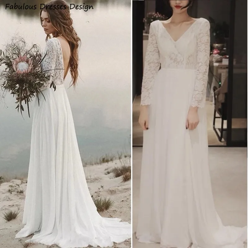 

V Neck Long Sleeve Wedding Dresses Lace Top And Chiffon Skirt Long A Line Sweep Train 2021 Bridal Gown Robe De Soirée De Mariage