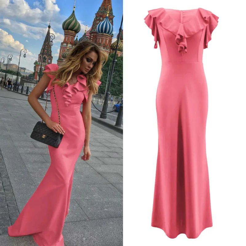 Кораллово-Красный Женское длинное Макси-платье с оборками, вечернее платье, элегантное, желтое, зеленое, женское осеннее платье, Vestido de Fiesta Robe MC-2870 - Цвет: Кораллово-Красный