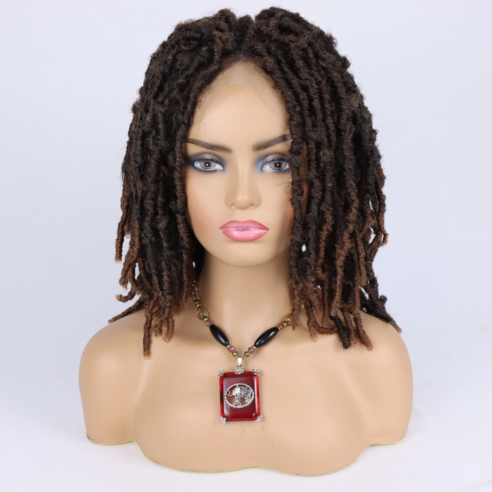 Omber Brown Color Butterfly Locs Hair Synthetic Lace Front Wigs 14-18Inch Pre Looped Distressed Locs Crochet Hair Soft Messy Wig