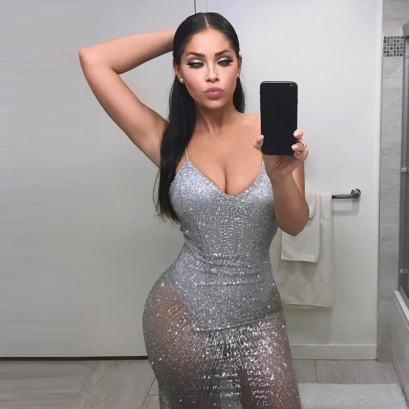

Dancing party dress, sleeveless sexy summer dresses with silver neckline, bodycon sequins, party dress.