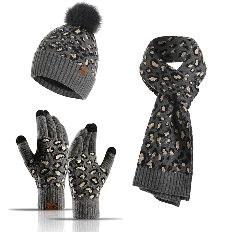 

The new autumn/winter 2021 knit hat wool hat women chic and foreign leopard print warm hat, scarf, gloves, three piece set