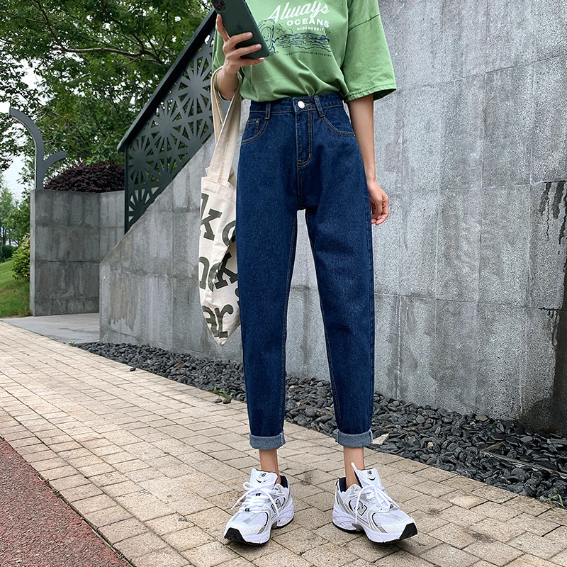 

262# pantalones vaqueros rectos slidos Harajuku, ocio femenino