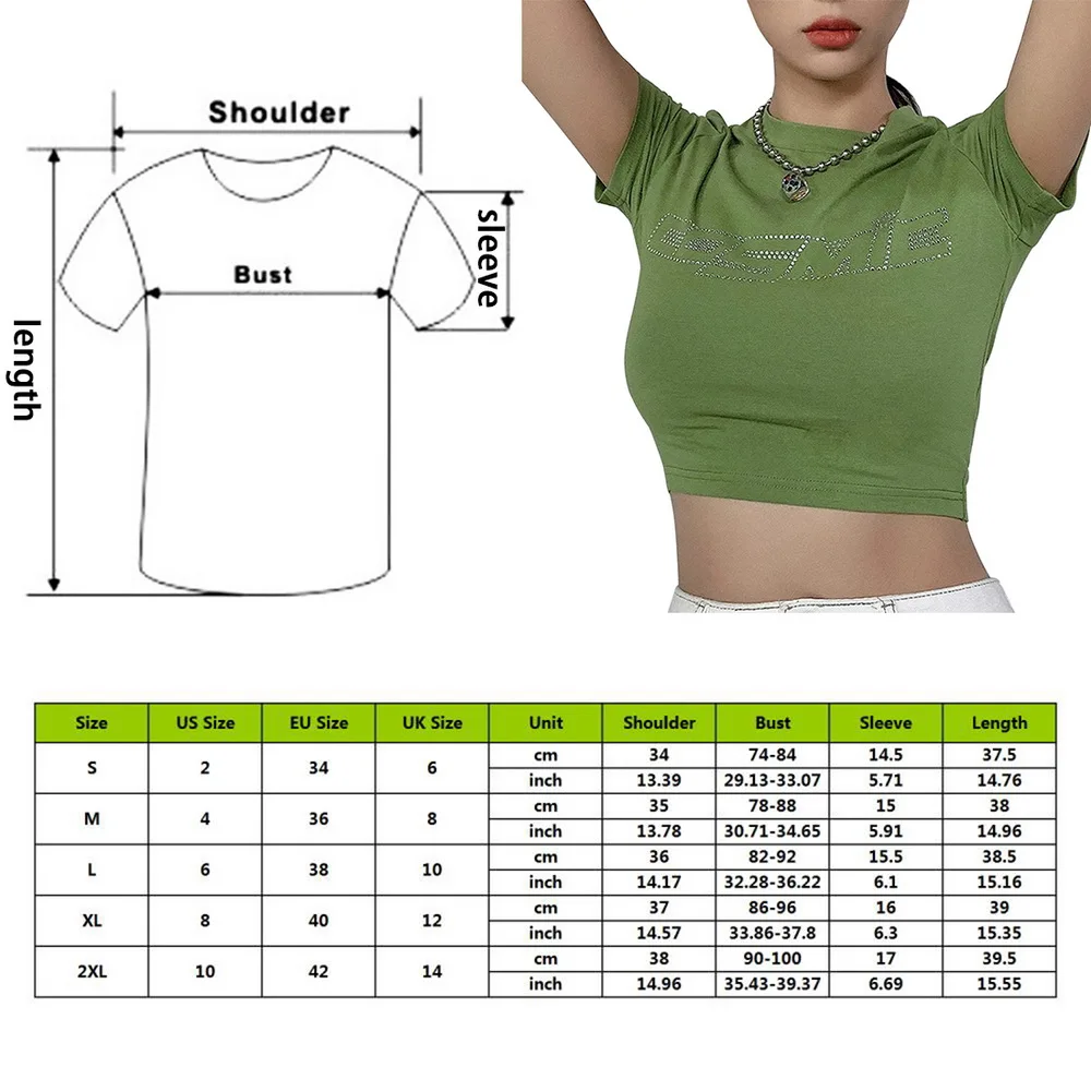 

Women Summer Y2K Short Sleeve Crop Top Shiny Hot Drill Rhinestone Cosmic Letter T-Shirt Tops Navel Slim Vest Club Streetwear