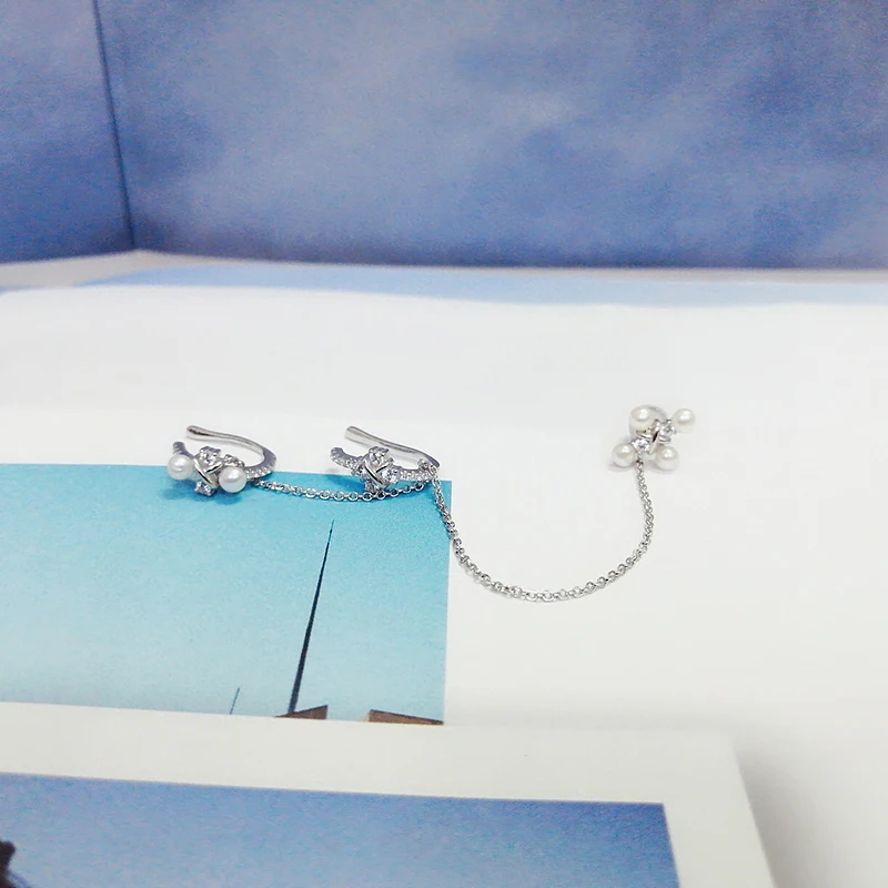 

Pearl cross chain ear clip 925 pure silver micro inlaid zircon fashion simple personality refined elegant design