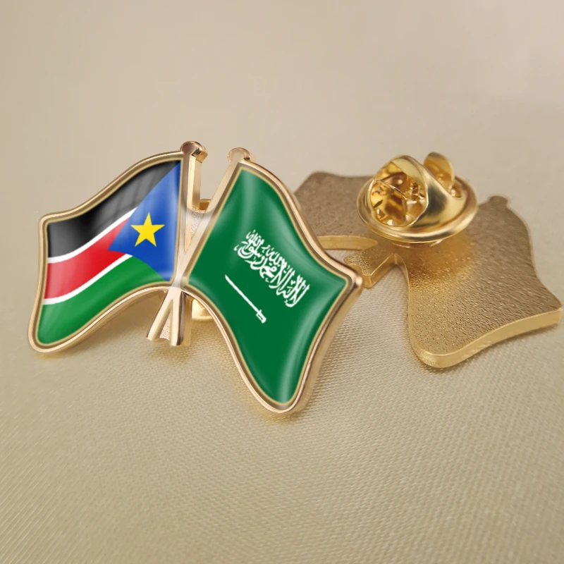 

South Sudan and Saudi Arabia Crossed Double Friendship Flags Lapel Pins Brooch Badges