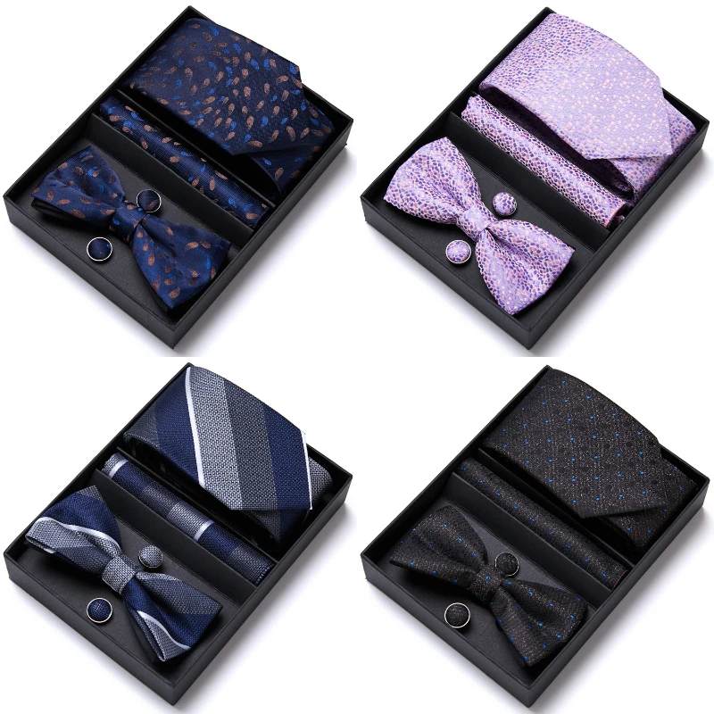 

Luxurious 100% Silk Birthday Gift Tie Hanky Pocket Squares Cufflink Set Bow Tie Necktie Box Geometric hombre Office