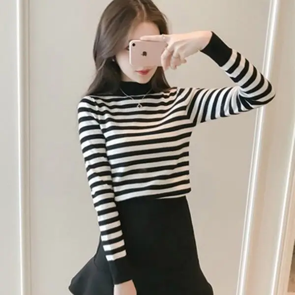 

Ladies Stitching Slim Pullover Sweater Women's Round Neck Bottoming Tops Autumn Winter Female Casual Loose Long Sleeve