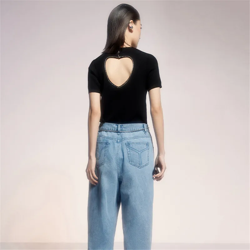 

2021NEW soft yarn and diamond chain back hollow knit T-shirt, summer black love diamonds fashion ladies short-sleeved T-shirt