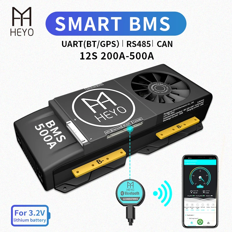 HEYO Smart BMS LiFepo4 Lipo 12S 36V 200A 250A 300A LFP 500A Bluetooth BT GPS USB к UART RS485 NTC батарея с вентилятором e