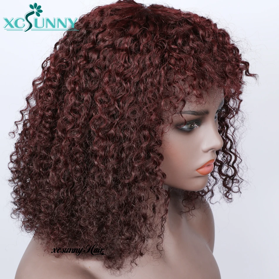 

99J Human Hair Wig With Bangs Red Kinky Curly Wig Colored Full Machine Made Wig Remy Brazilian 16" 200% For Women xcsunny