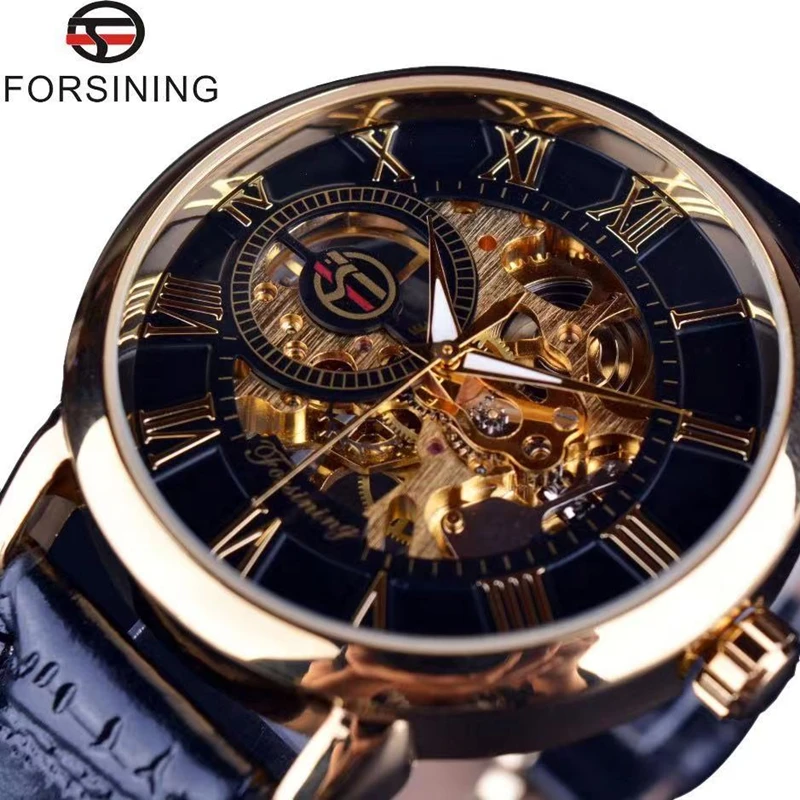 

Forsining 3d Logo Design Hollow Engraving Black Gold Case Leather Skeleton Mechanical Watches Men Luxury Brand Heren Horloge