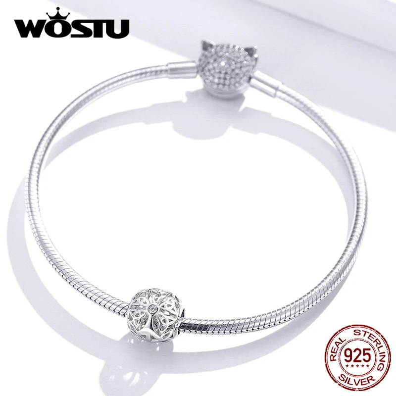 WOSTU Настоящее 925 пробы серебряное дерево жизни круглый Шарм Бисера Подходит браслет кулон для женщин серебряные свадебные украшения FNC139