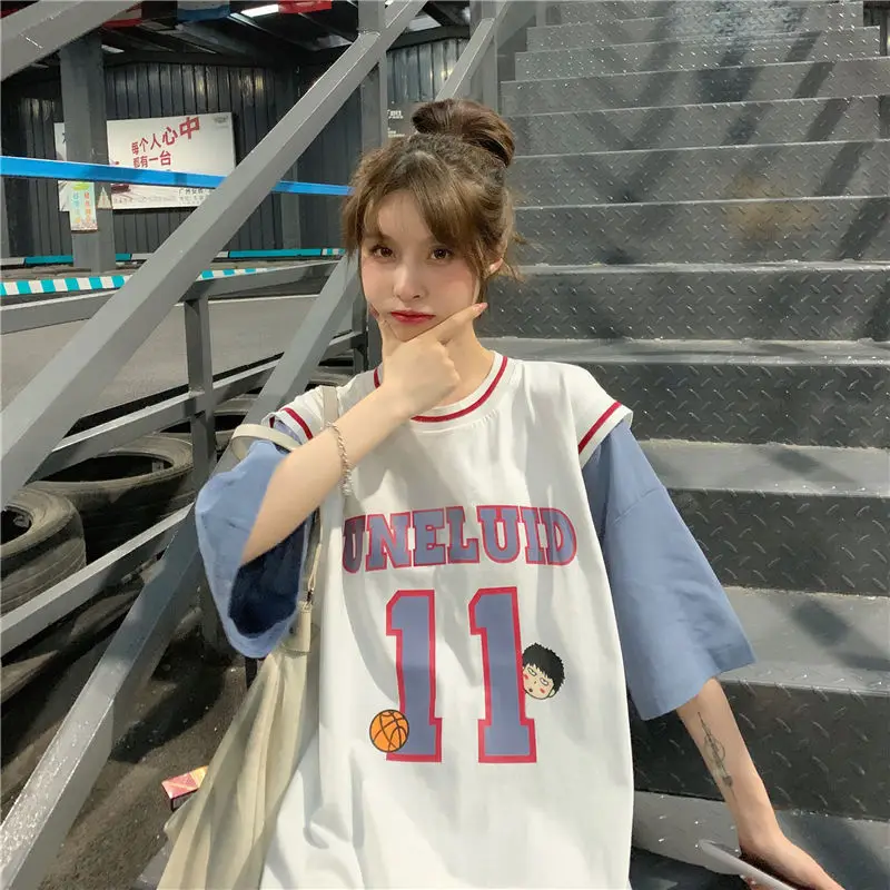 

Fake Two-piece Basketball T-shirt Female 2021 New Jersey Short Sleeve Student Korean Loose Medium Long Half Sleeve