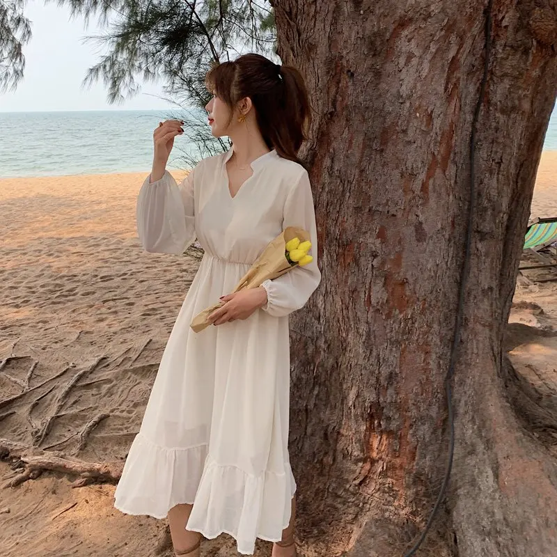 

Will ~ small video ~ 2021 chun xia spot ~ han edition v-neck pure color chiffon long waist dress