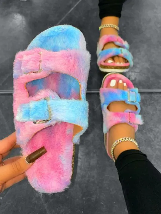 

Winter Women Slippers Faux Fur Fashion Warm Shoes Woman Slip on Flats Female Slides Rainbow Colors Cozy Home Furry Slippers