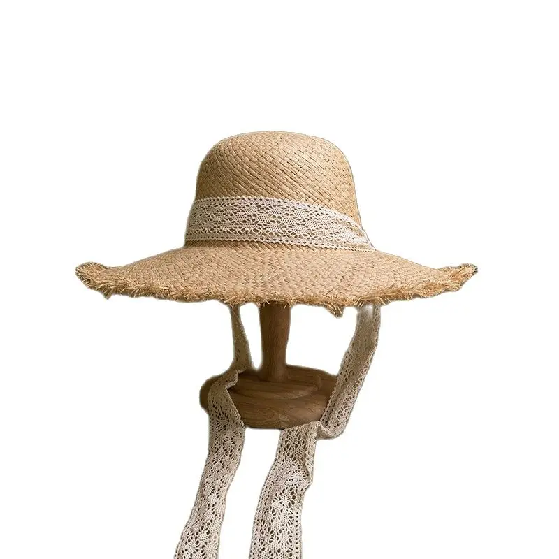 

Women Korea Style Lace RibbonTassel Sun Hat Large Brim Raffia Panama New Breathable Straw Cap for Vacation Party Beach