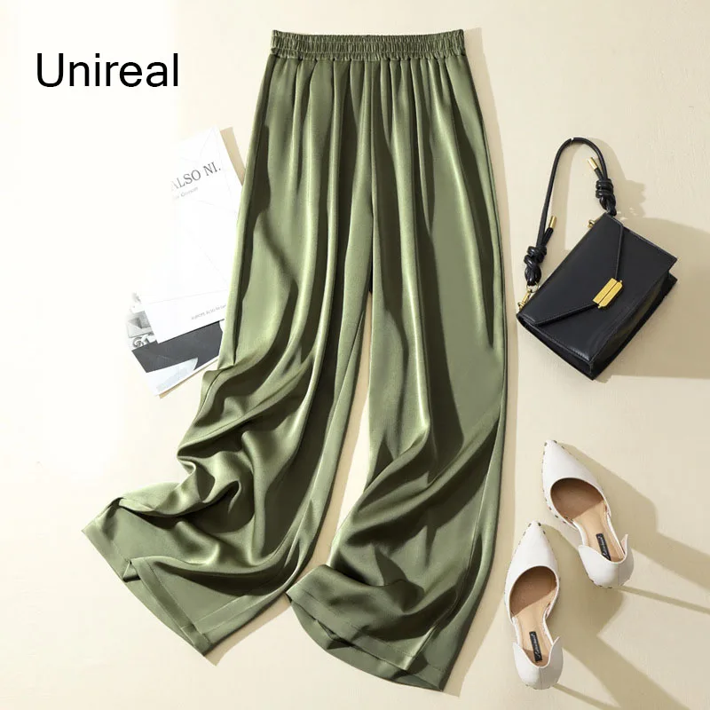 Unireal 2022 Summer Autumn Women Wide Leg Pants High Waist Trousers Vintage Satin Silk Elegant Long Palazzo Pants