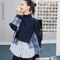 lanmrem 2021 autumn british style stand collar contrast asymmetrical patchwork black plaid pattern blouse all match tops 2a1749