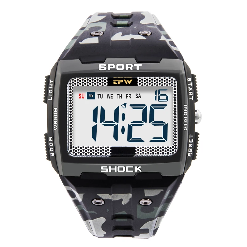 

Camouflage Digital Watches Easy Reading Stopwatch Chrono Alarm Swimming 3ATM Waterproof BackLight Square Relogio Masculino