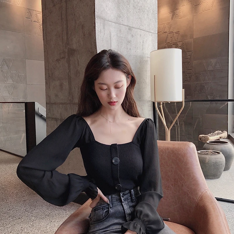 Women Slim Patchwork Chiffon Full Lantern Sleeve Square Collar Cropped T-Shirts Lady Knitted Stretchy Crop Tops Tshirt For Girls