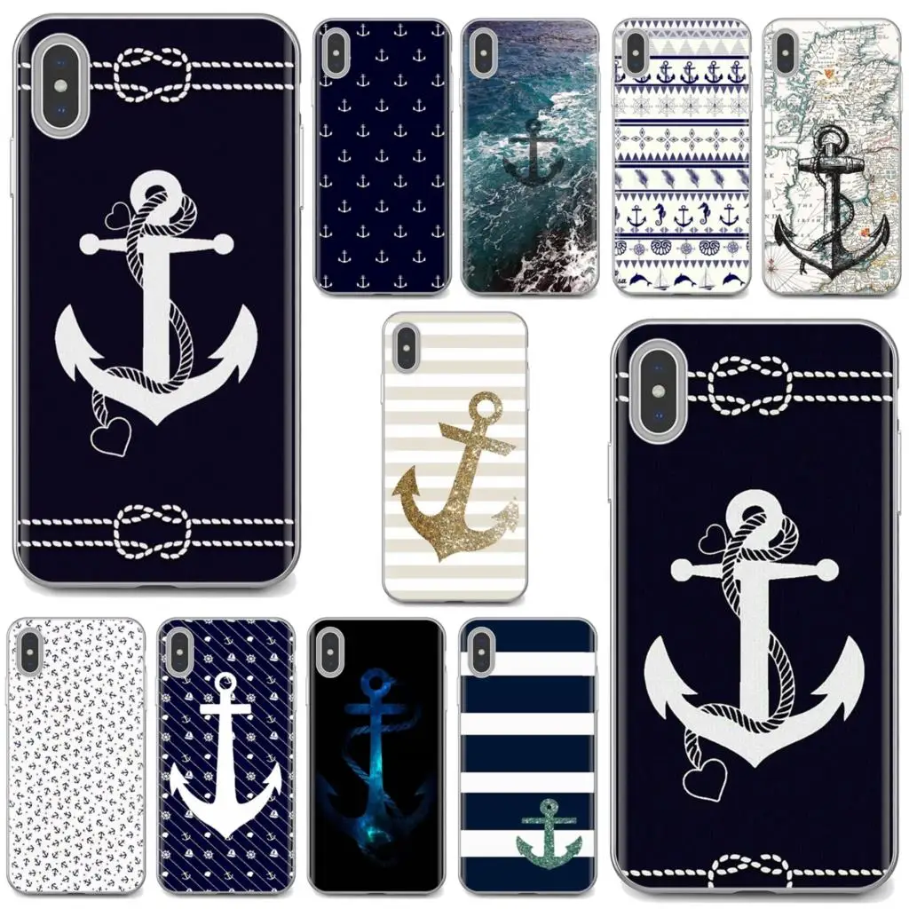 

For iPhone iPod Touch 11 12 Pro 4 4S 5 5S SE 5C 6 6S 7 8 X XR XS Plus Max 2020 Navy Stripes Hope Anchor Silicone Skin Case