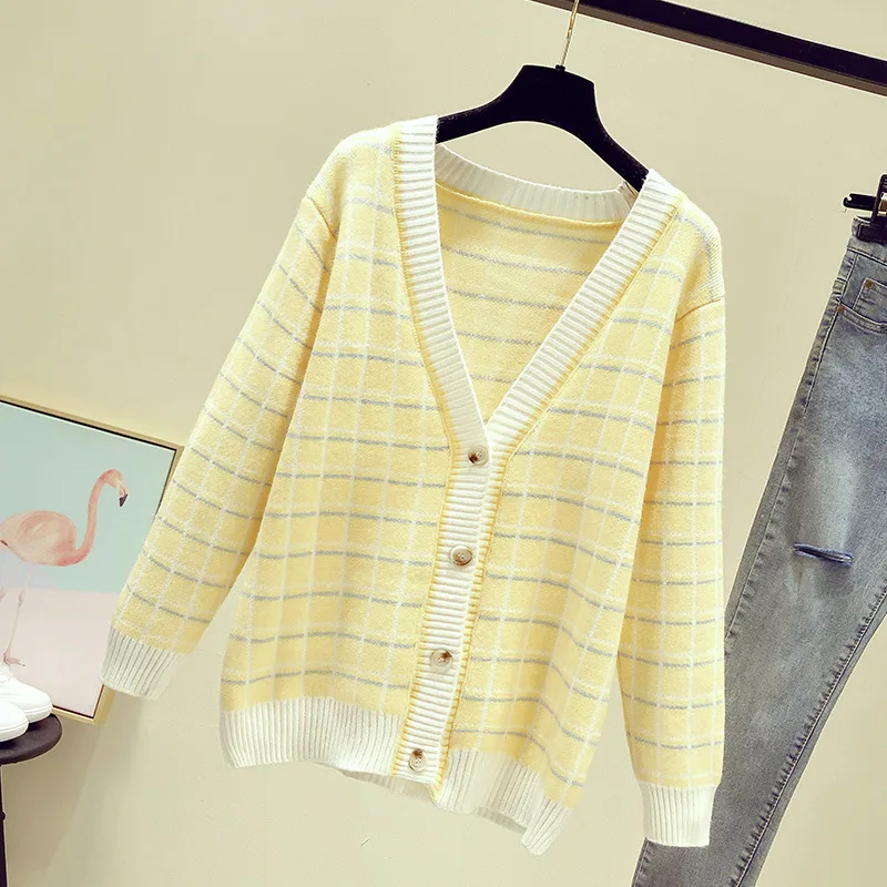 

2021 New women's cardigan Autumn and winter Plaid V-Neck long sleeve medium long sweater Loose-fitting women's sweaters