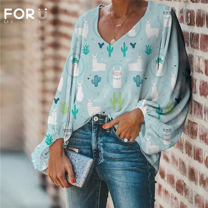 

FORUDESIGNS Blouse Women Cute Alpaca Print Women Tops and Blouses Ladies Clothes 2020 V-neck Sheer Patchwork Loose Blouses