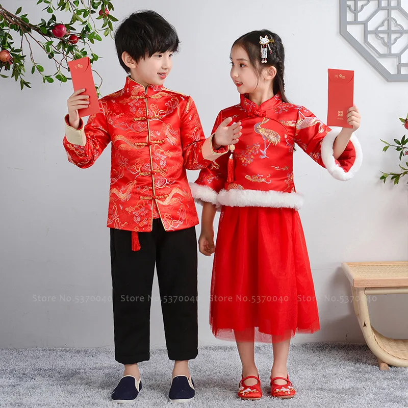 Зимний костюм для мальчиков с вышивкой дракона Тан платье девочек праздничные