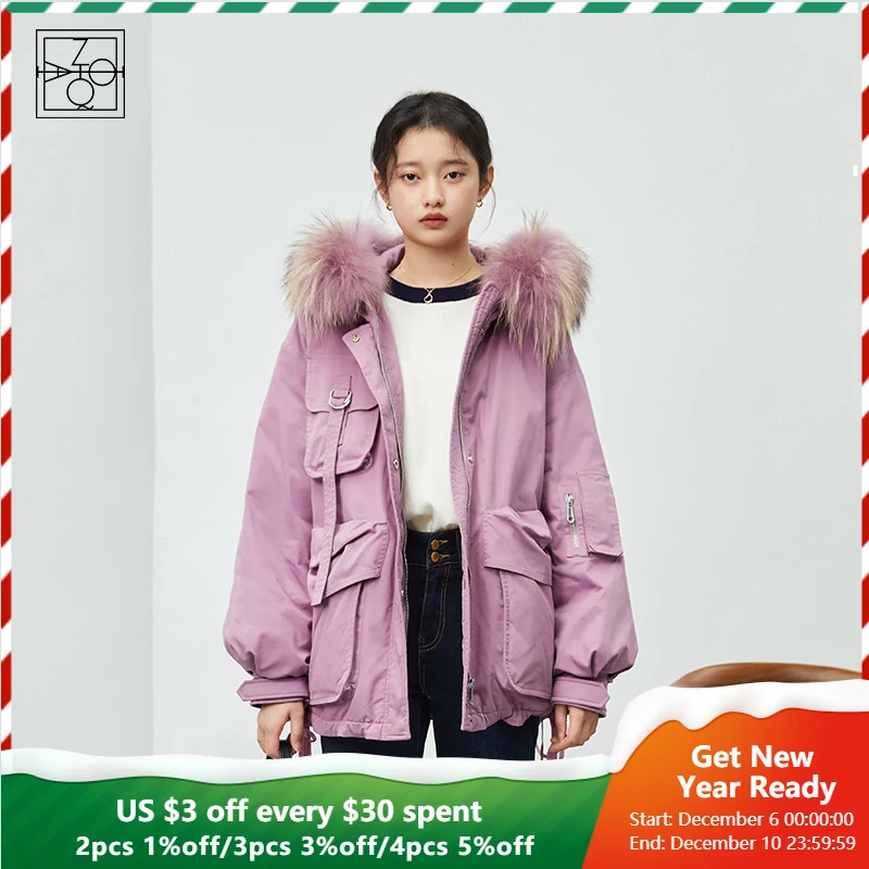 

ZIQIAO Female Winter Tooling Purple Furry Collar Parka Jackets For Women Khaki Short Hooded Down Jacket Women Straight Coats
