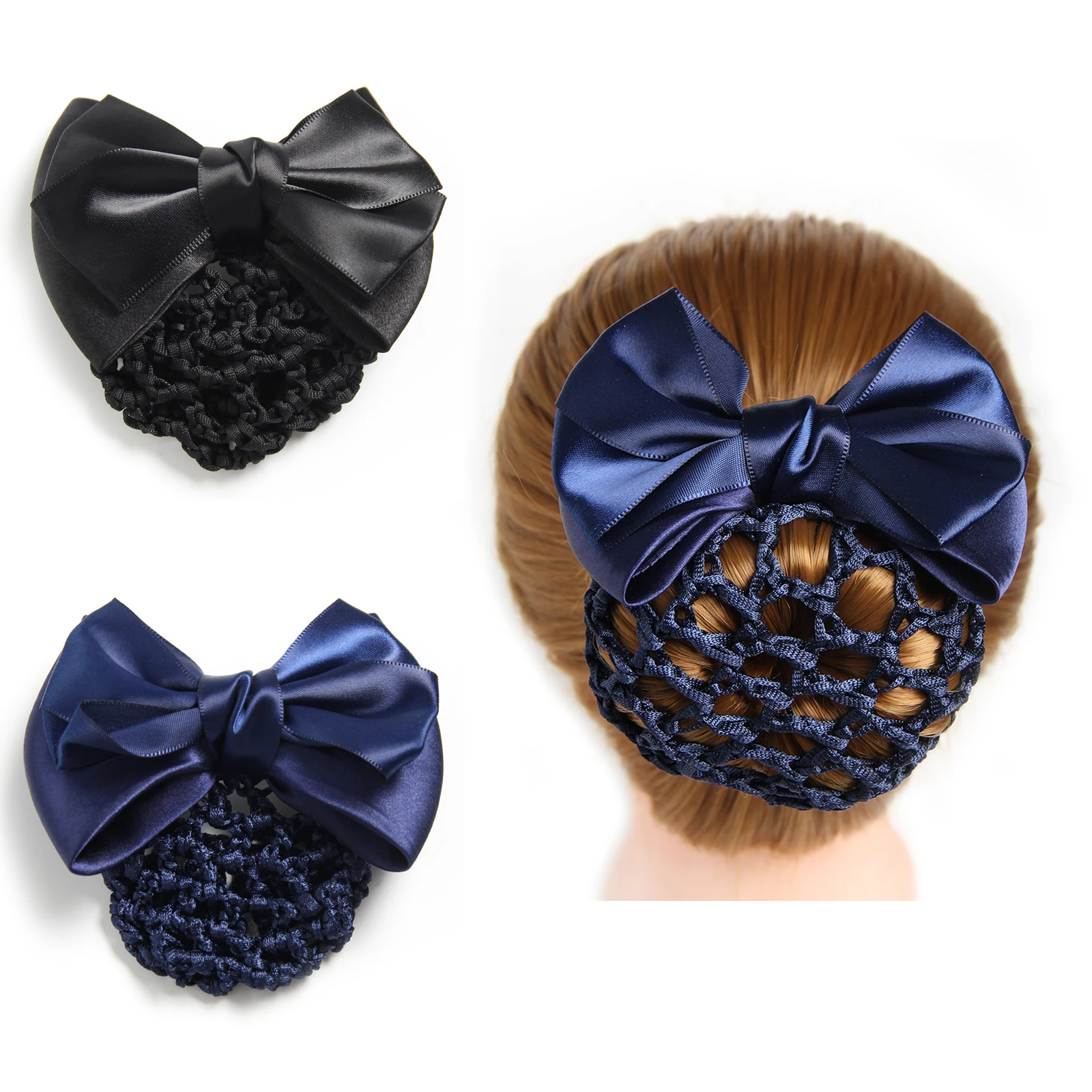 

Solid Color Women Satin Ribbon Bow Hair Bun Net Snood Crochet Net Bun Hair Cover Women Hair Accessories Office Lady Barrette