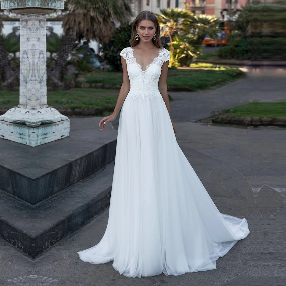 Cheap Cap Sleeve Wedding Dresses Long A Line Plus Size Vestidos de Novia Bridal Gowns Custom Design 2020 Floor Length New