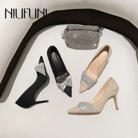 niufuni pointed suede women shoes rhinestones stiletto high heels pumps pure color simple slip on gladiator sandals size 33 43