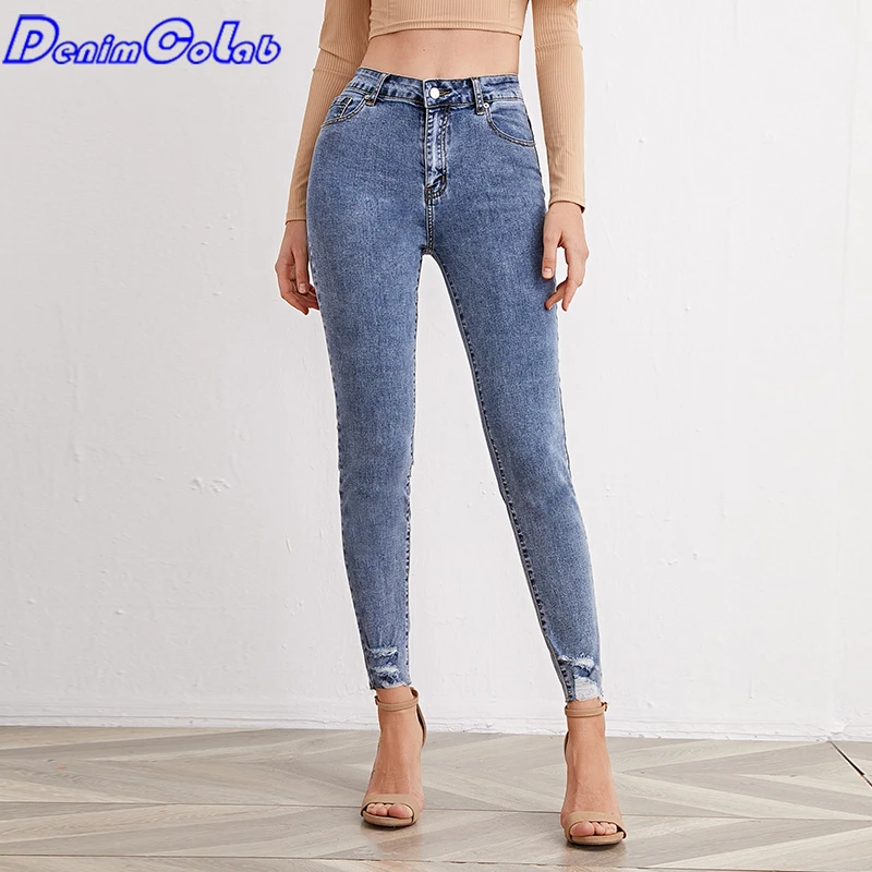 

Винтажные высокоэластичные джинсовые брюки DenimColab с отверстиями, Женские однотонные Узкие рваные джинсы, брюки-карандаш, повседневные Стре...