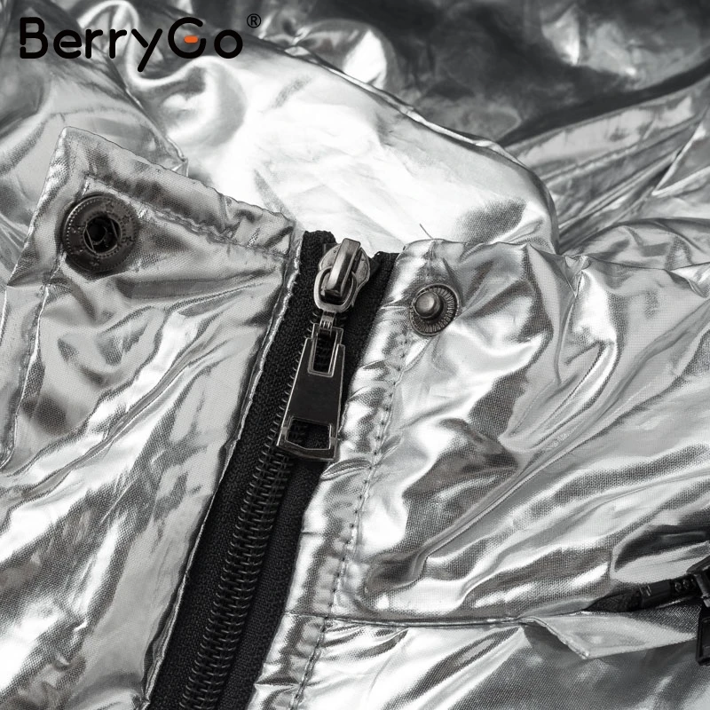 BerryGo/серебряное зимнее женское пальто с капюшоном Дамская парка на молнии с карманами, большие размеры, толстые теплые пуховые куртки, верхняя одежда
