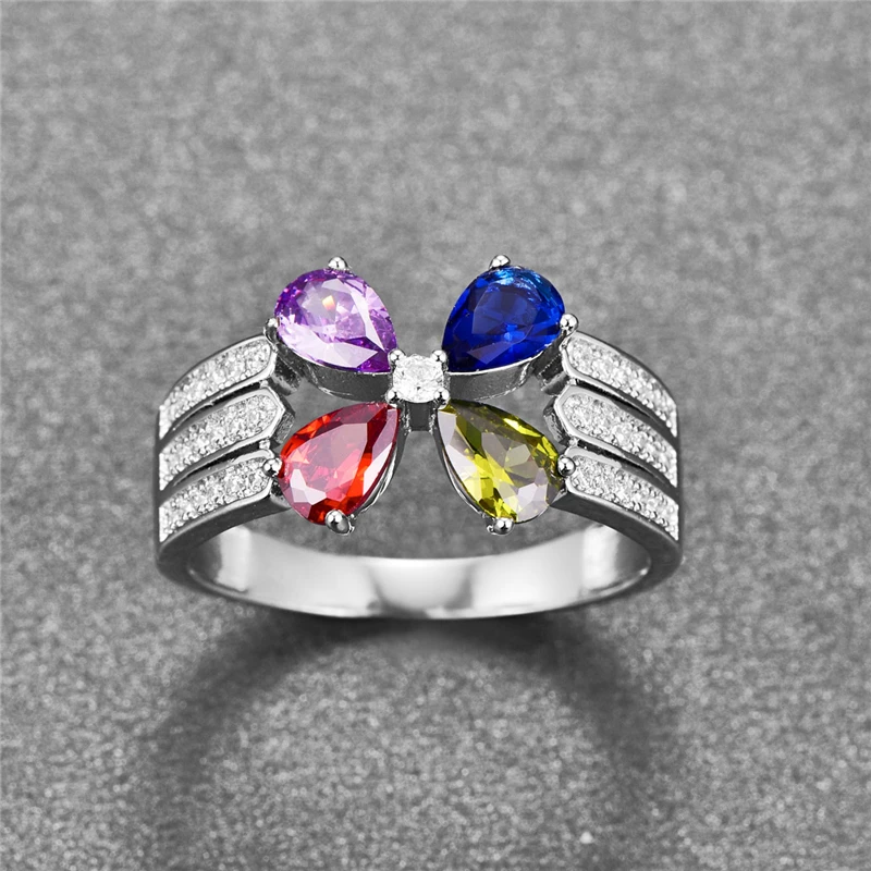 BONLAVIE Luxurious 4 Colors Flower Rings for Women Wedding Jewelry 925 Sterling Silver Water Drop Blue Yellow Purple Red Crystal | Украшения