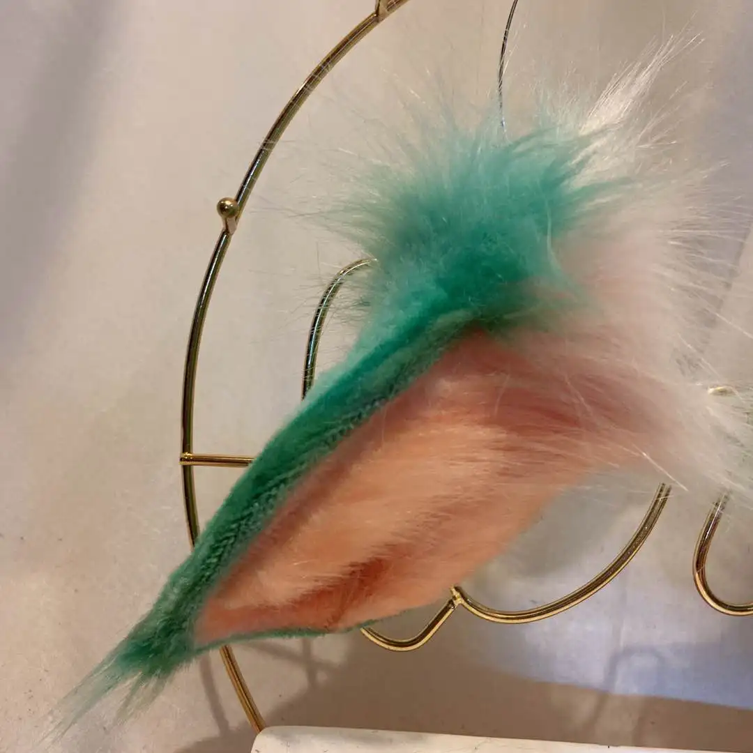 Handmade Work Green Cat Fox Ears Hairhoop Tail Headwear Beast Cosplay Costume Accessories for Girl Women Cosplay