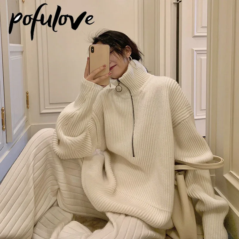 

Turtleneck Sweater Women Pullover Knitwear Korean Loose Solid Color Lazy Style Zipper Top Tide Sweater Autumn and Winter Jumper
