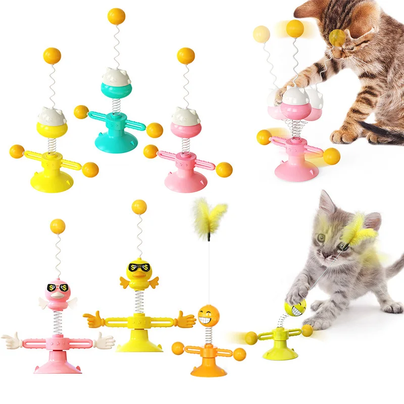

Cat Turntable Pinwheel Tumbler Feather Cat Teaser Ball Badminton Spring Ball Cat Toy Bite resistant with Suction Cup Base