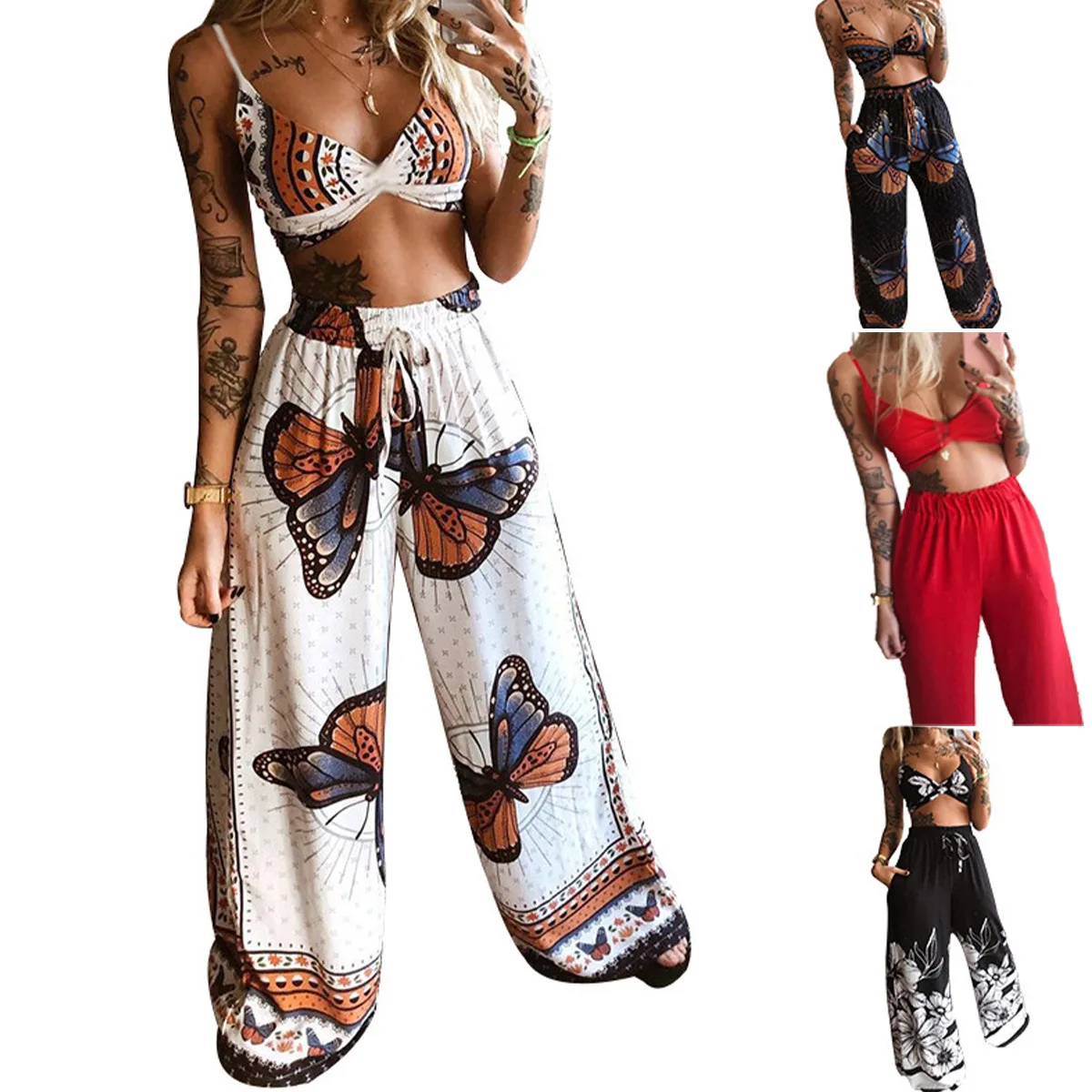 

2021 new women's printed sexy tube top + loose wide-leg pants two-piece