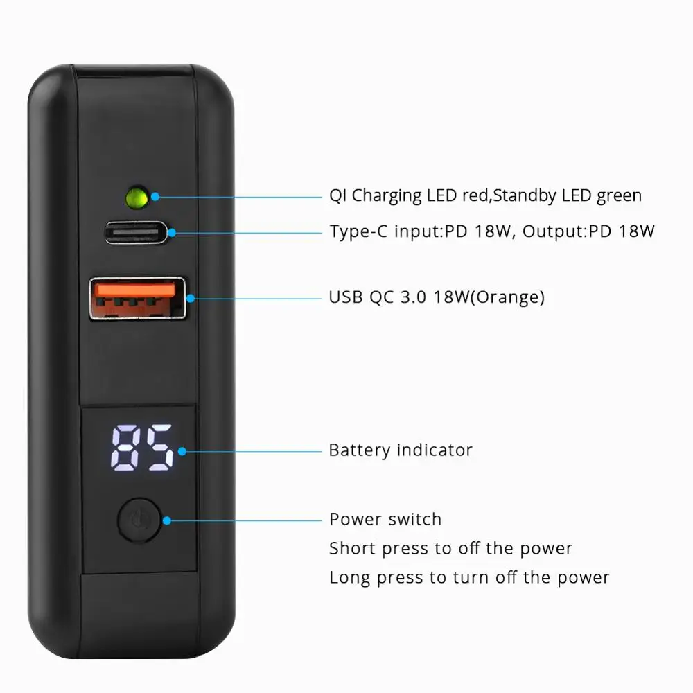 Беспроводное зарядное устройство QI 8000 мАч USB Type C дорожное с цифровым экраном для