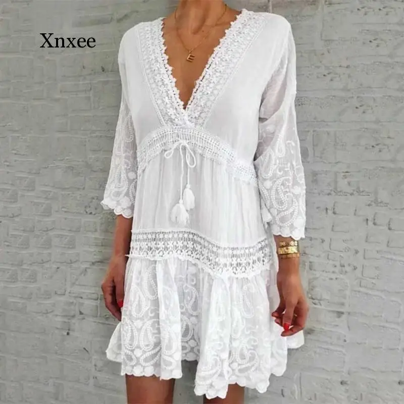 

Summer Plus Size Women's V-Neck Lace-Up Tassel Dress Elegant Printing Loose Banquet Dress Female Long-Sleeved A-Line Mini Dress