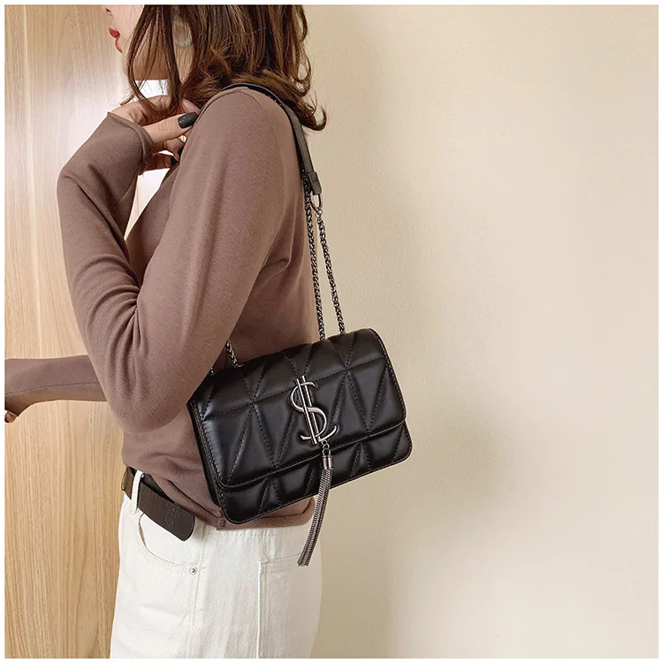 

Ins New Texture Bag Pu Chain Bag Female Fashion Shoulder Messenger Bag Tassel Small Square Bag