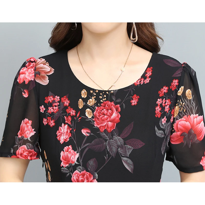 

Floral Chiffon dress 2021 Summer new Elegant Long dress temperament Short sleeve A-Line dress women