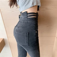 autumn vintage high waist women jeans black pants pencil denim jeans skinny bodycon hole womens trousers jeans